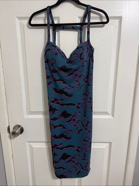 Leith Teal Bodycon Dress w/ Black and Hot Pink Electric Abstract Print